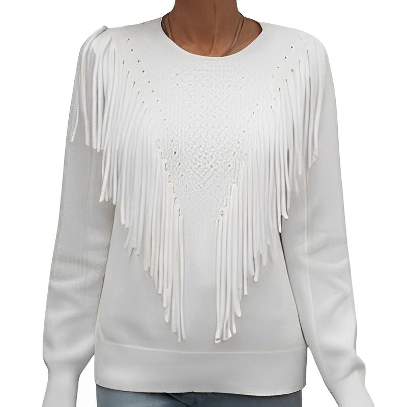 Women - Wide Jumper - Cozy Knit with Fringes - Stylish Fall Sweater