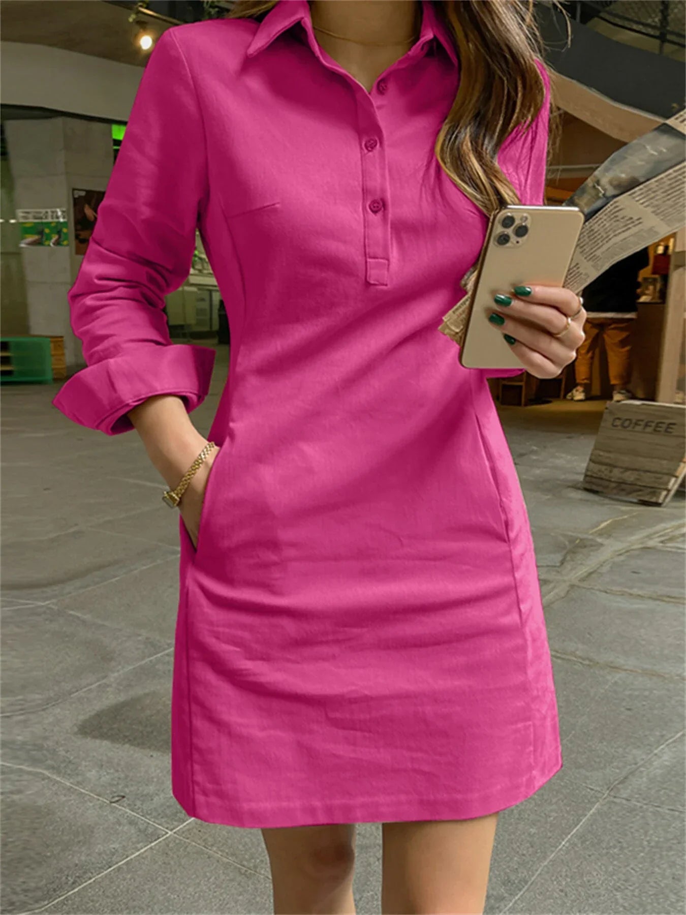 Women - Casual Dress - Comfortable Long Sleeves with Pockets - Stylish Everyday Wear