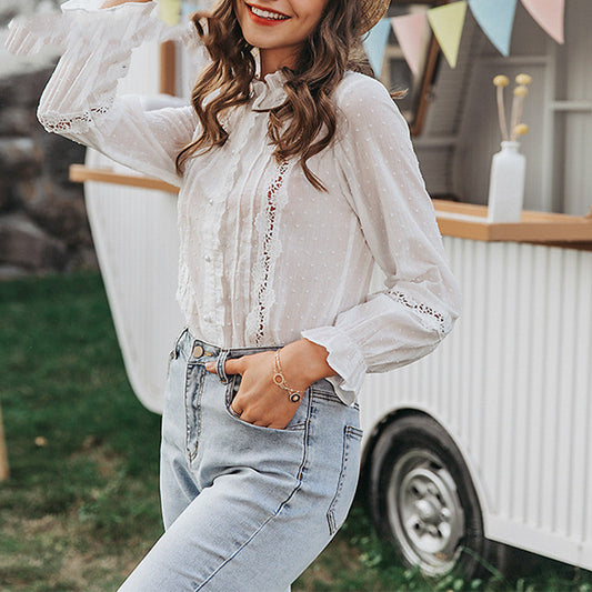 Long-sleeved ruffled blouse with hollow back