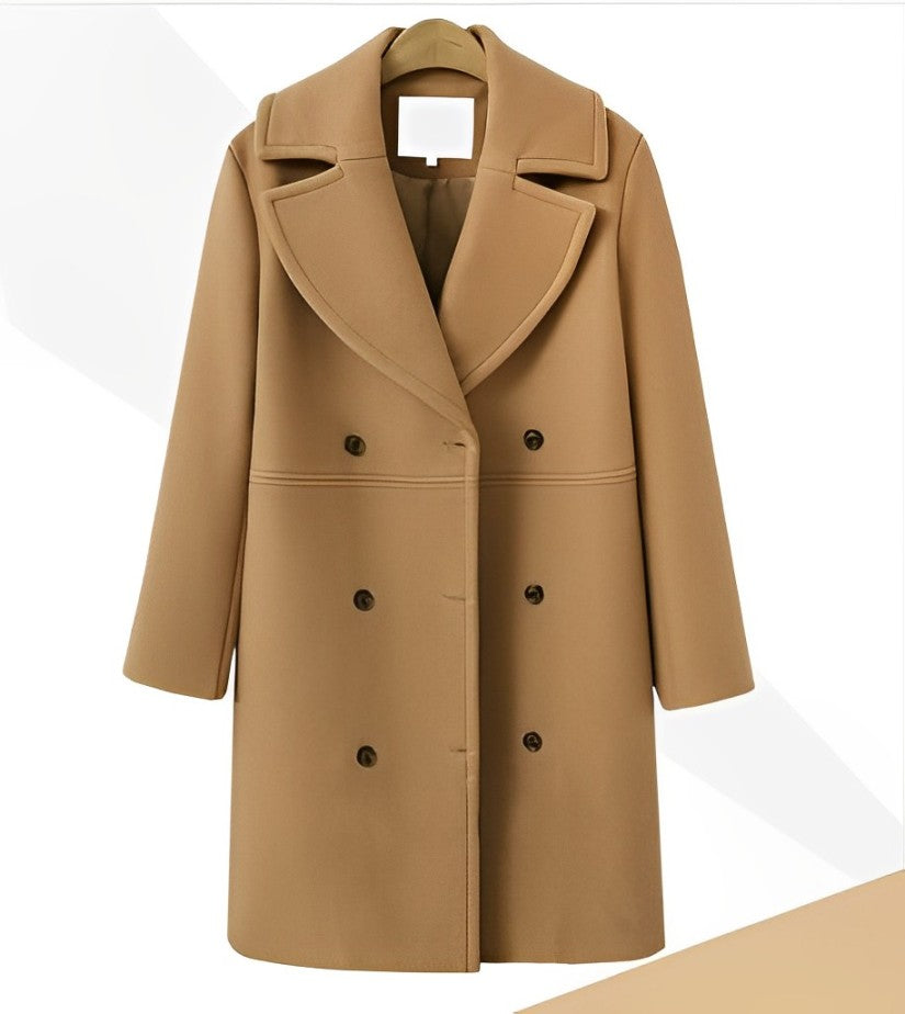 Women - Trench Coat - Long Woollen Design - Stylish Warm Outerwear for Cold Weather