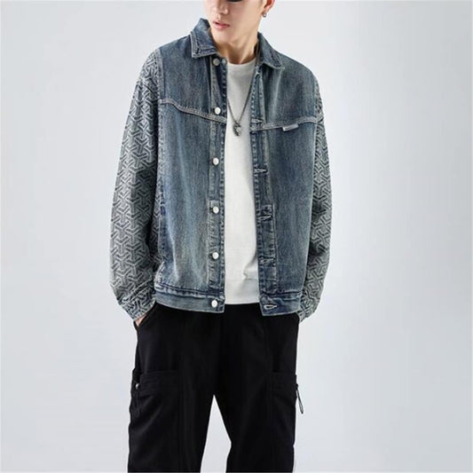 Denim jacket with patterned sleeves