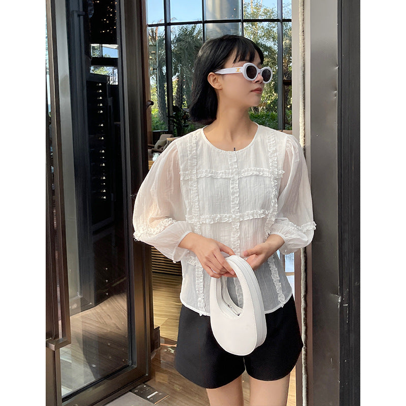 Trendy Mesh Long Sleeve Top Women's Ruffled Blouse