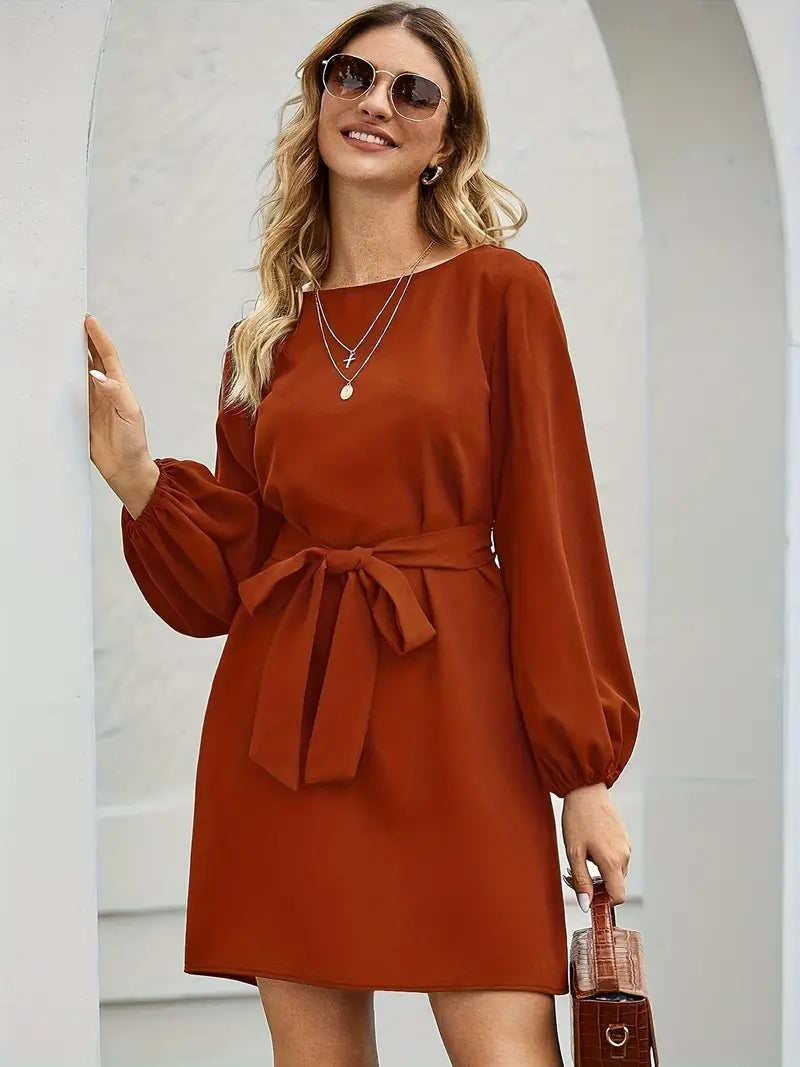 Round Neckline and Belt and Elegant Dress With Lantern Sleeves