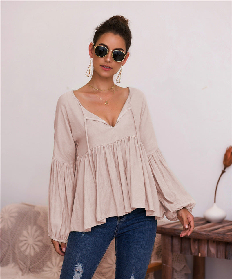 Puff sleeves single-coloured V-neck blouse T-shirt