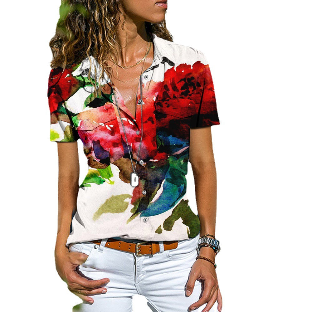 Modern Floral Print Loose Short Sleeve Blouse