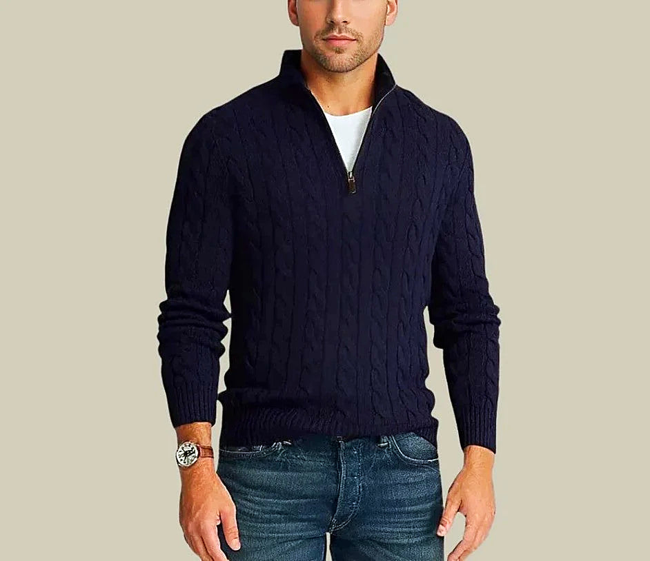 Men - Pullover - Zip Plait Pattern - V-Neck Knitwear - Stylish and Comfortable Fashion Essential