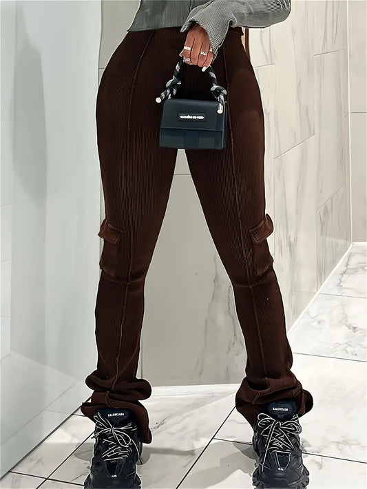 Women - High-Waisted Trousers - Casual Ribbed Style - Comfortable and Stylish Fashion Essentials