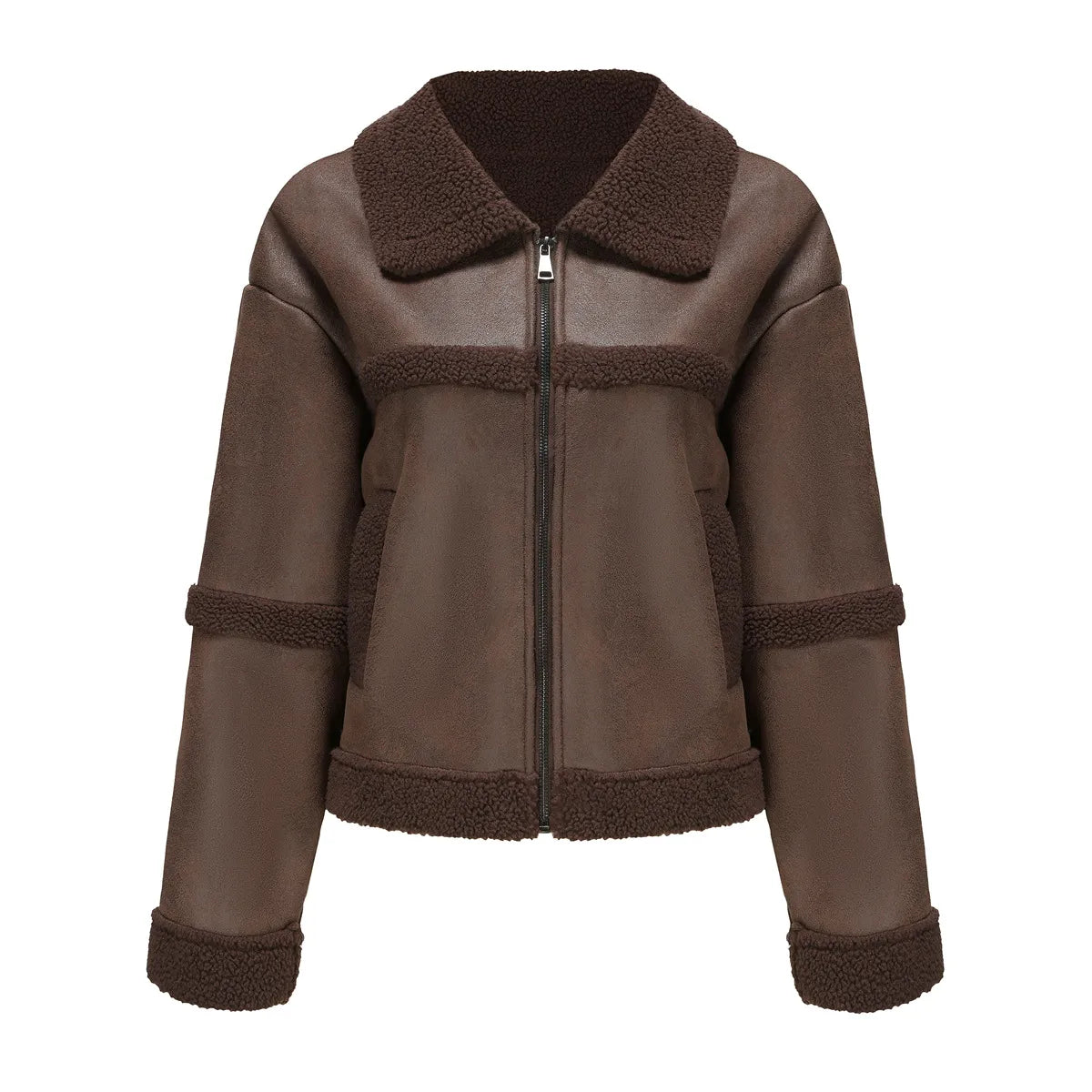 Women - Fleece Leather Jacket - Stylish & Warm - Perfect for Winter Fashion