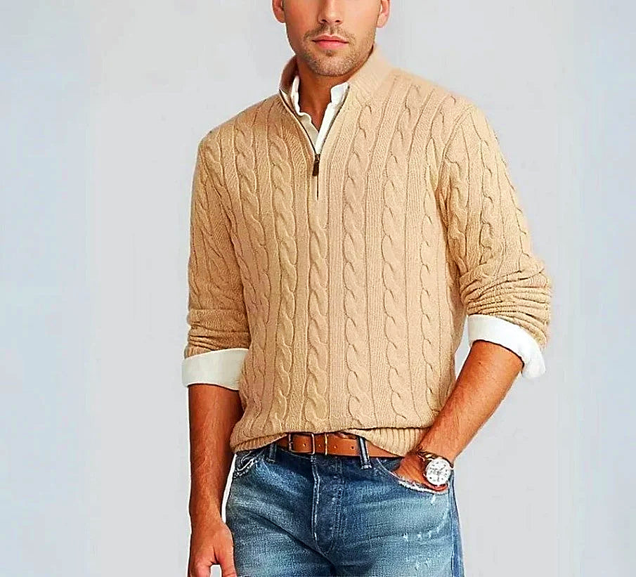 Men - Pullover - Zip Plait Pattern - V-Neck Knitwear - Stylish and Comfortable Fashion Essential