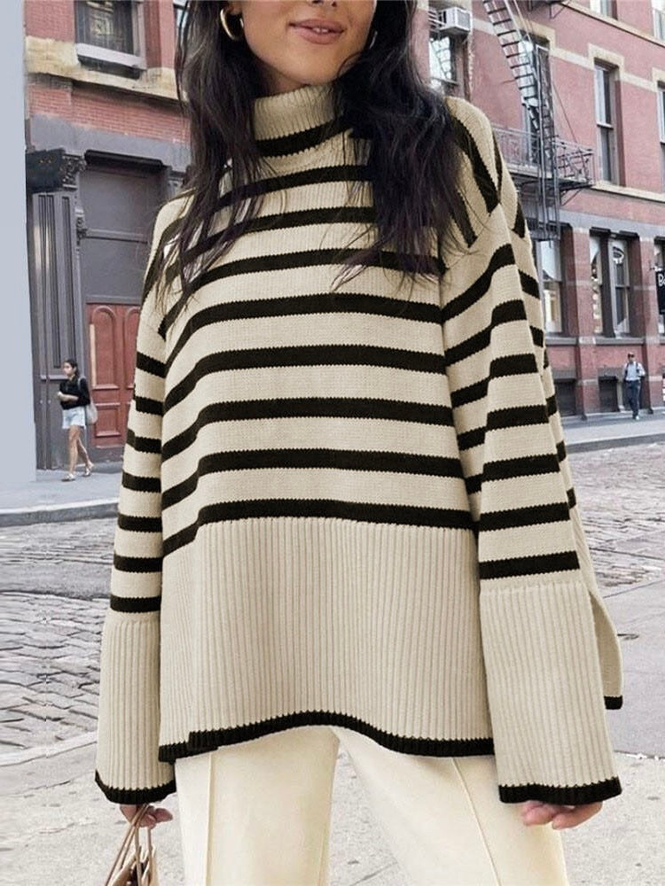 Women - Striped Turtleneck Jumper - Cozy Knit Fabric - Stylish Layering Essential