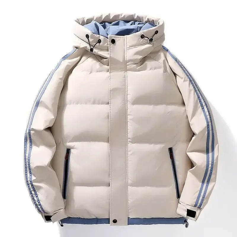 Puffer jacket with hood and contrasting stripes