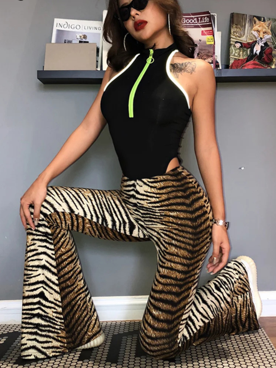 Women's leopard print flared trousers with high waist