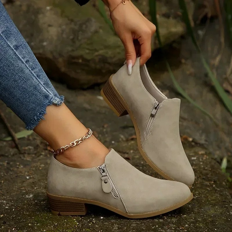 Casual Ankle Boots with Low Heel and Zip