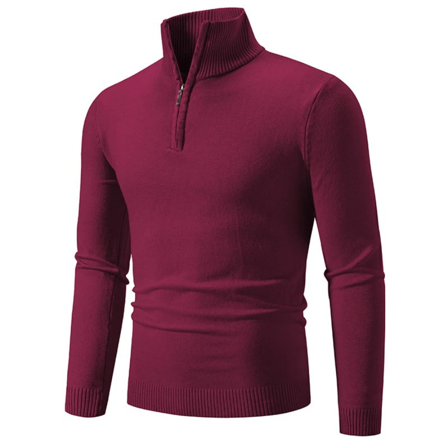 Comfortable knitted pullover with high collar and zip fastening