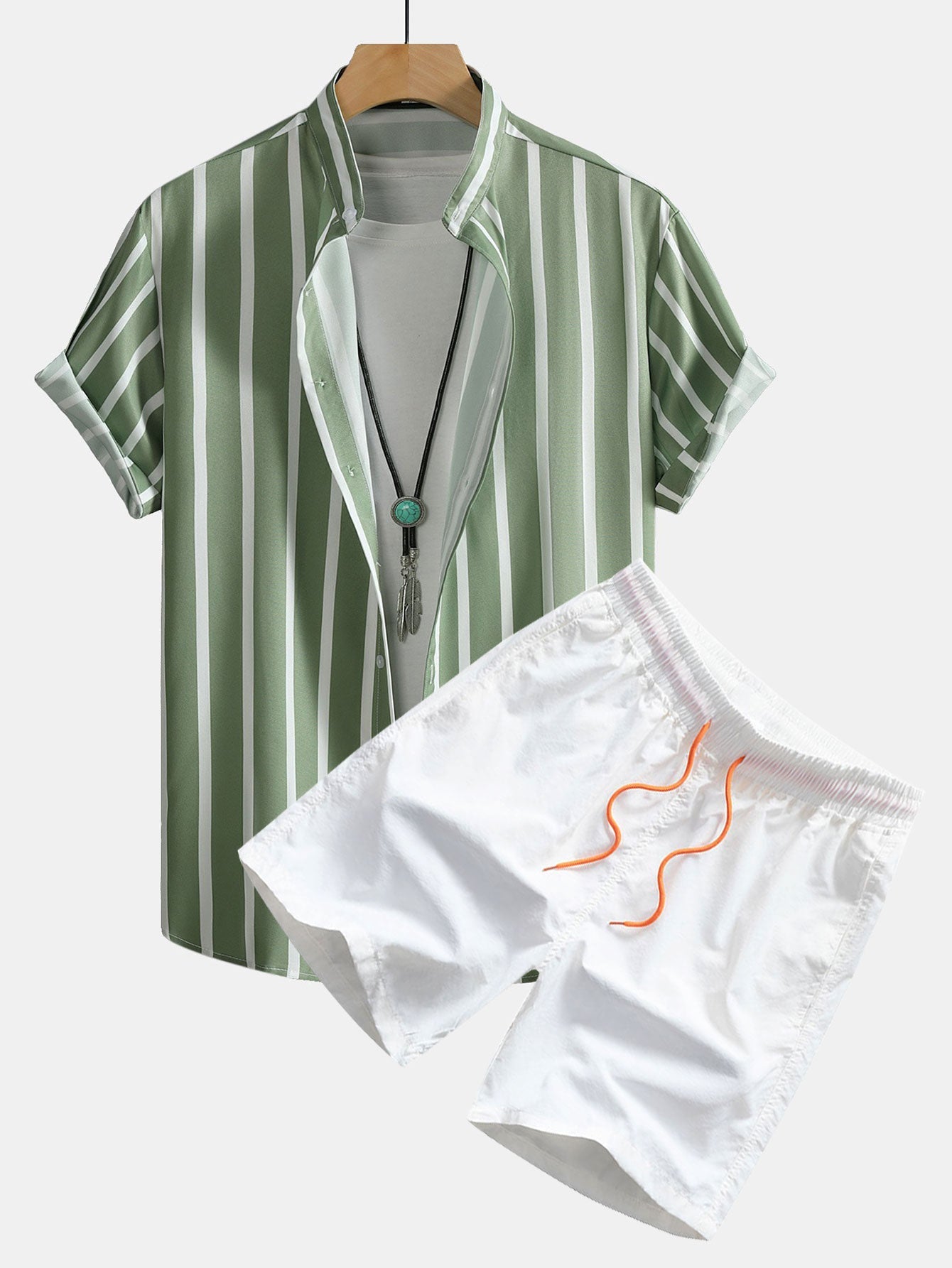 Striped Button Up Stand Collar Shirt & Man Mid Length Drawstring Swim Shorts