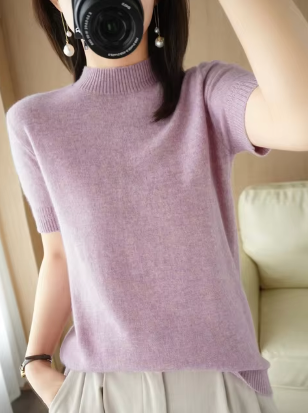 Short-sleeved knitted turtleneck jumper