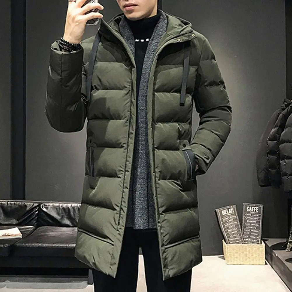 Puffer jacket men long with adjustable hood and side pockets