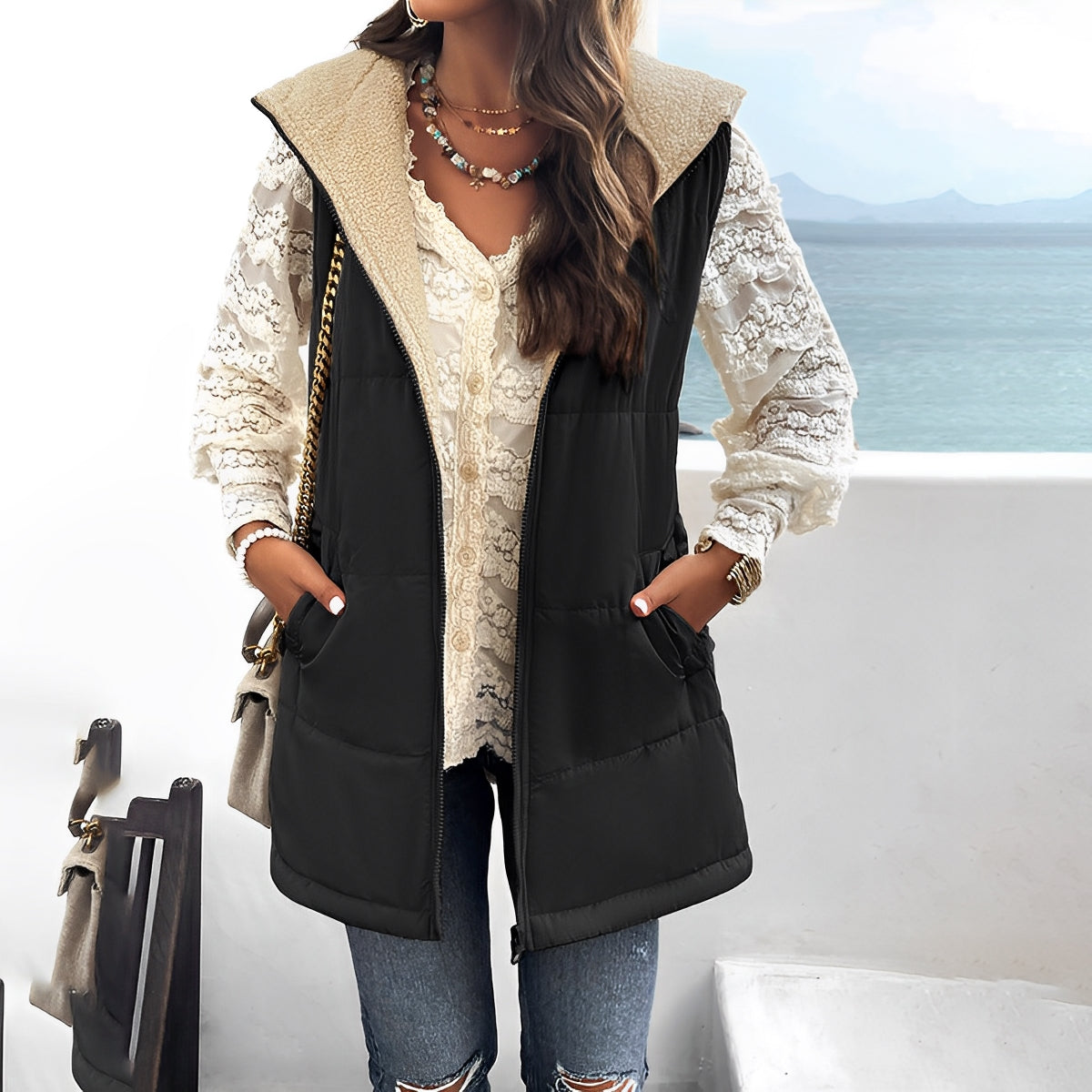 Women - Winter Waistcoat - Hooded Cotton Vest - Stylish and Warm Outerwear for Cold Weather