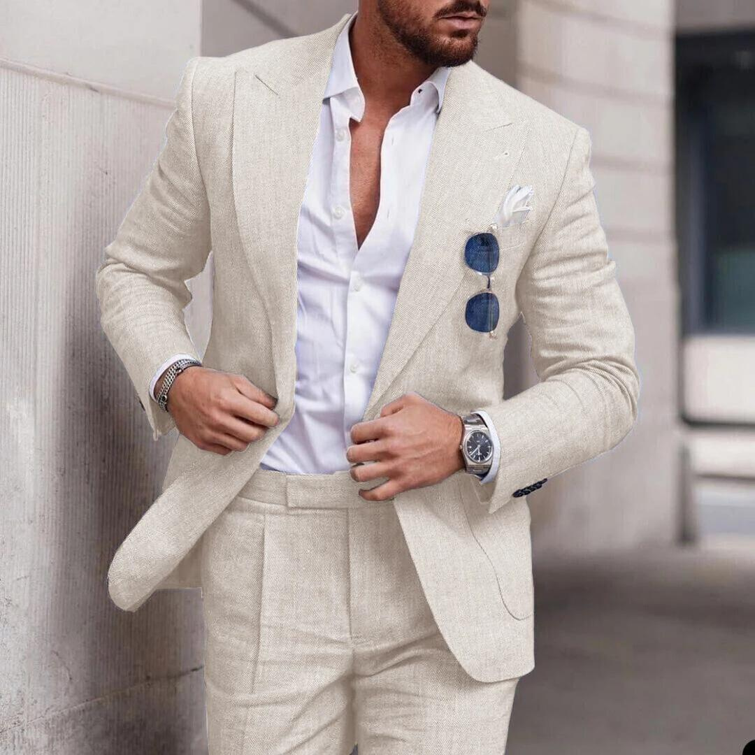 Trendy Linen 2-Piece Beach Wedding Suit for Men