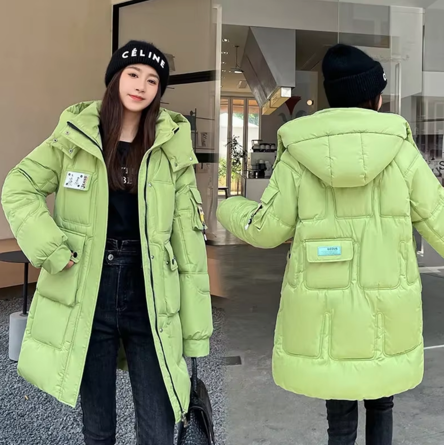 Long cotton down jacket with hood