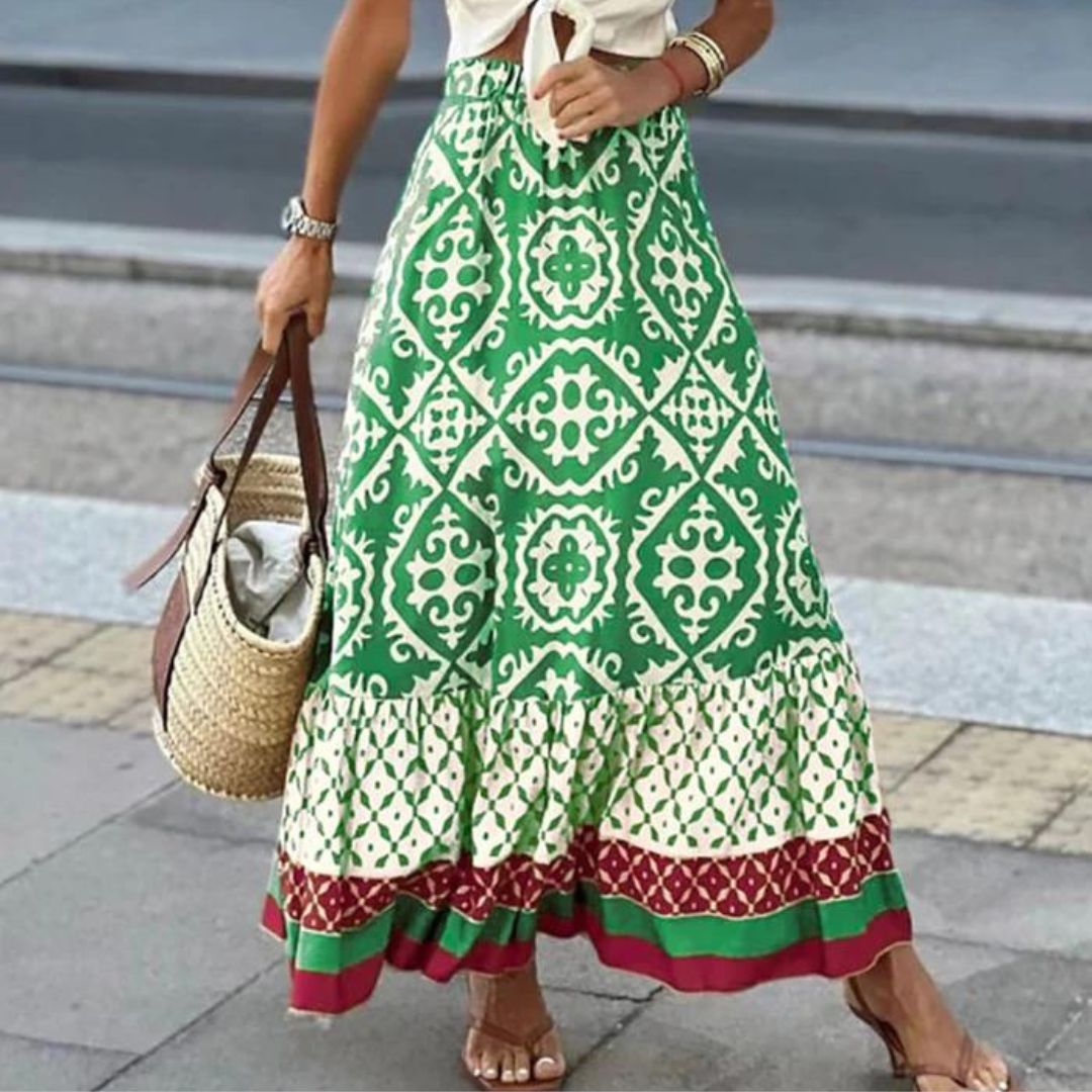 Maxi skirt with ethnic pattern and ruffled hem