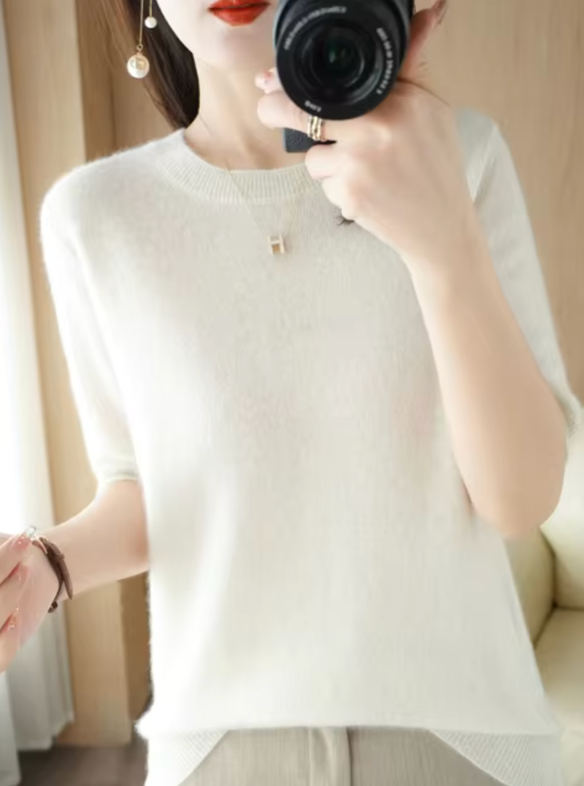 Short-sleeved wool and cashmere jumper