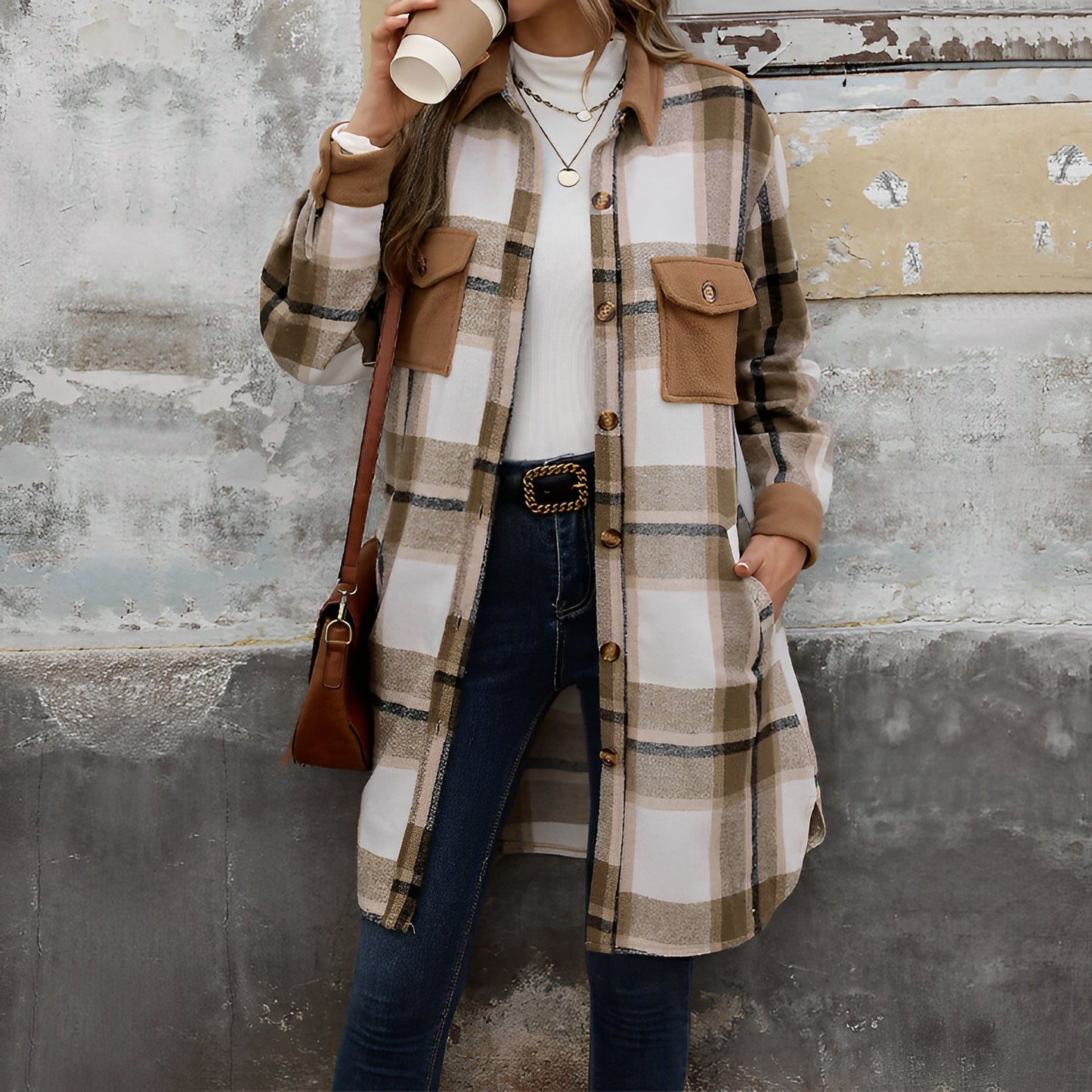 Women - Checked Coat - Woollen - Stylish Warm Outerwear for Cold Weather