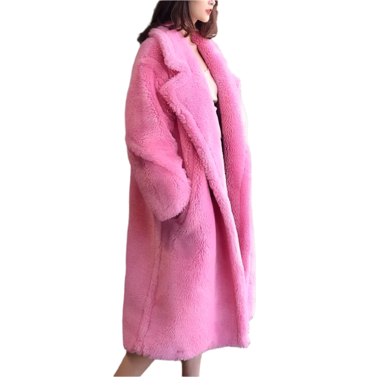 Women - Long Woollen Coat - Thick Fabric with Luxurious Fur - Stylish Winter Outerwear