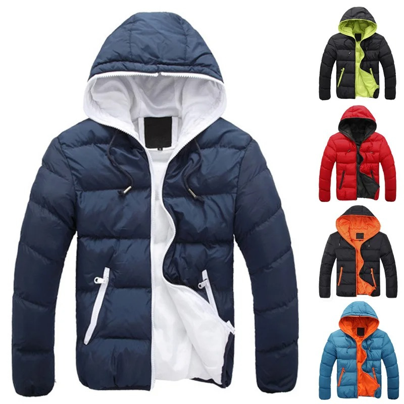 Men's puffer jacket with hood and contrast lining