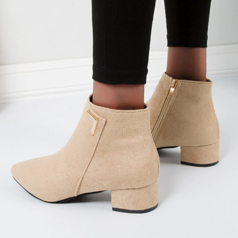 Suede Ankle Boots with Side Zip and Block Heel