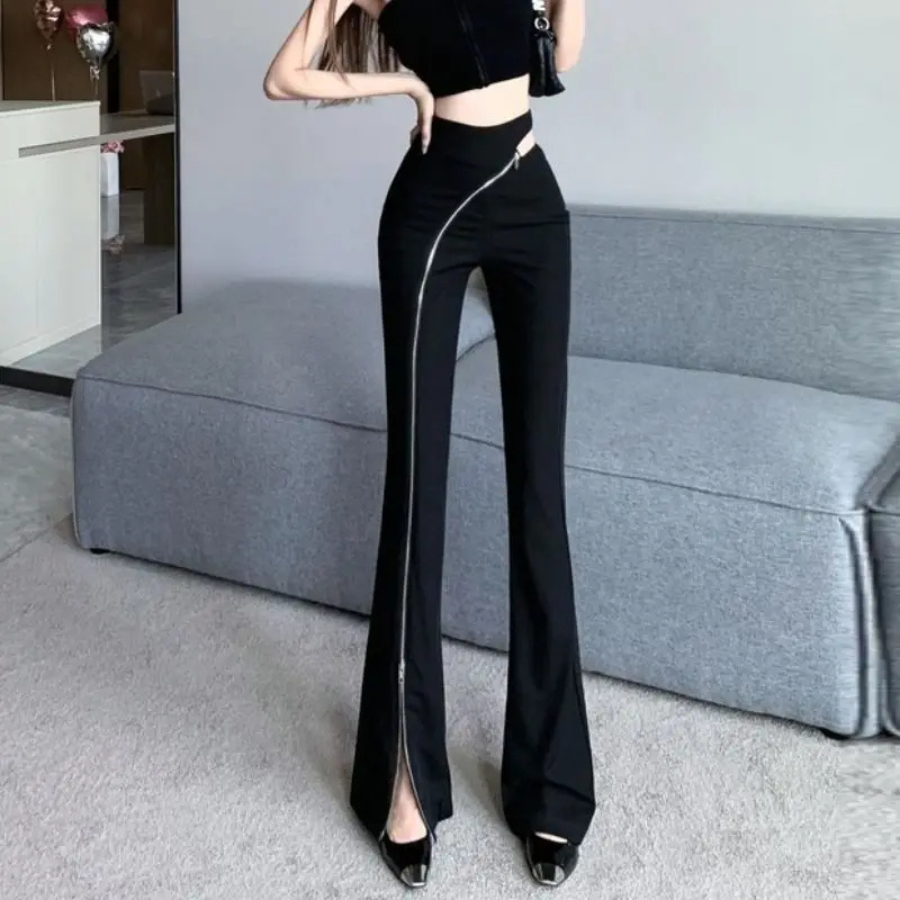 Women's Flared Trousers with Asymmetric Zip and High Waist