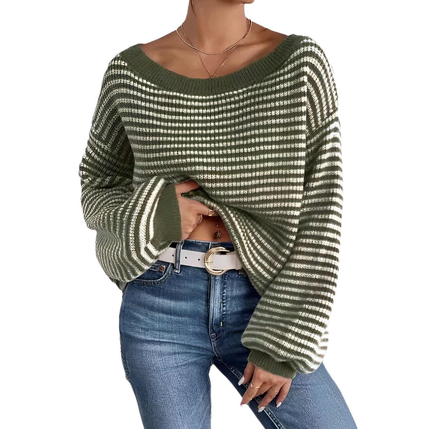 Women's Off-Shoulder Jumper - Contrasting Colour - Stylish Knitwear for Trendy Outfits