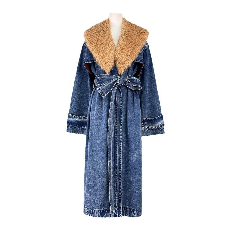 Women - Denim Trench Coat - Elegant Style with Belt - Chic Outerwear for Every Season