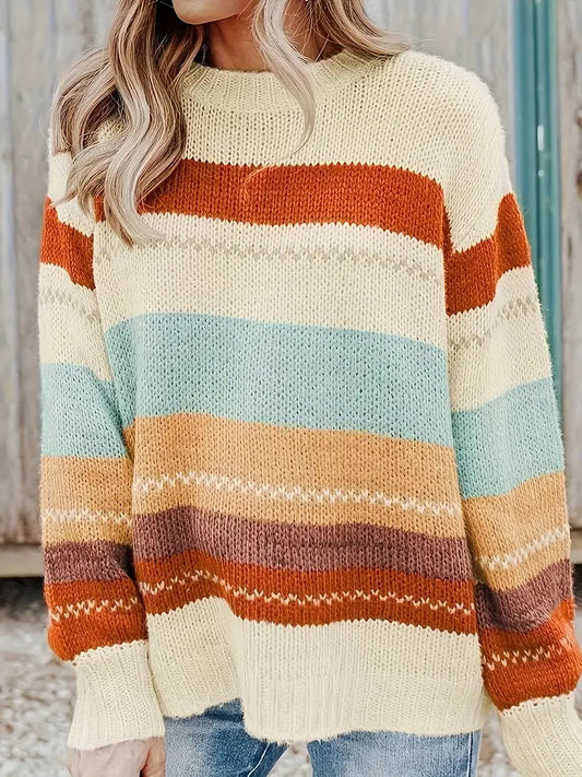 Knitted, striped jumper with round neckline