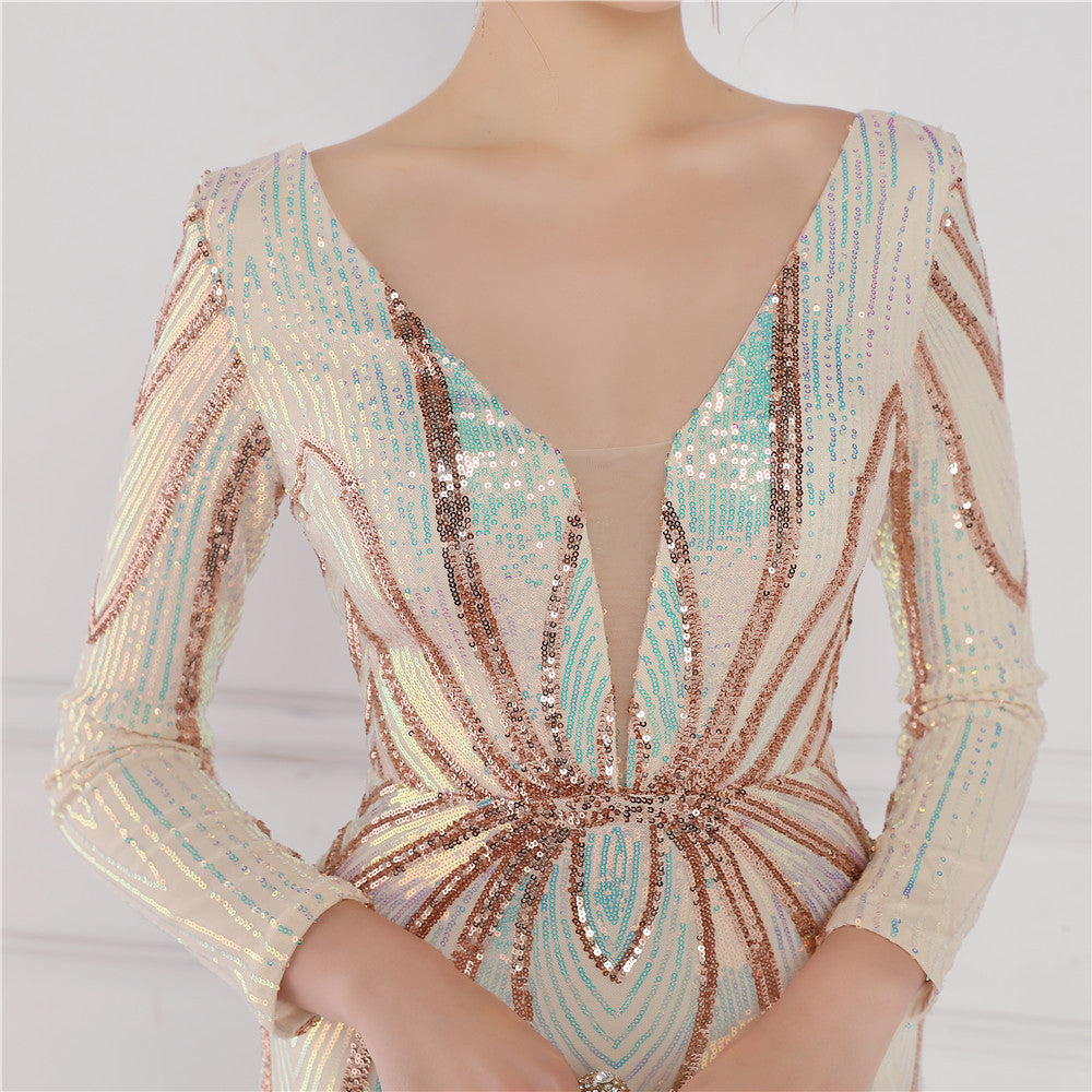 Banquet Elegant Long Sleeve Aura Queen Fishtail Dress with Sequins