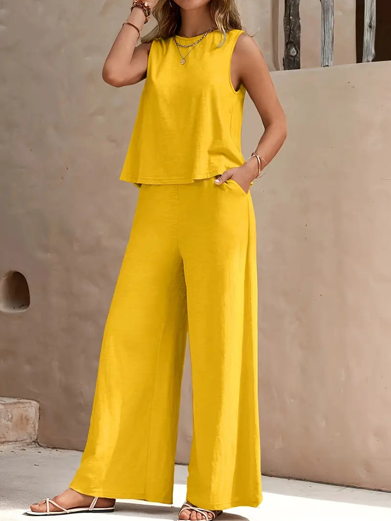 Sleeveless Tank Top and Wide-leg Trousers