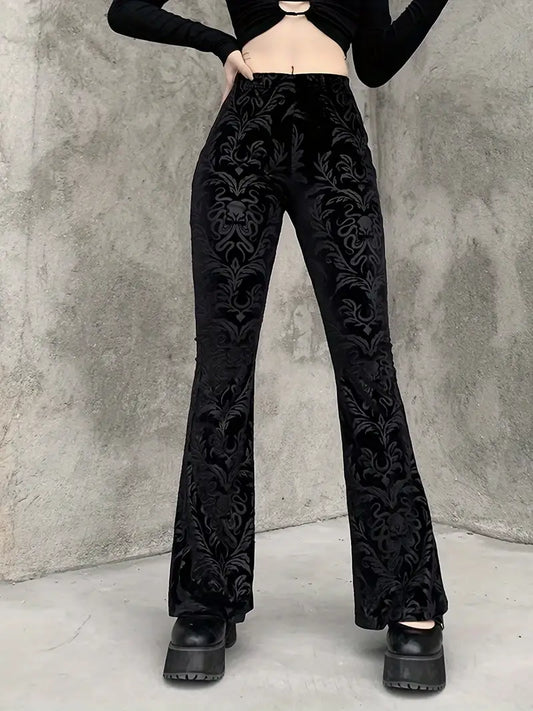 Women - High-Waisted Trousers - Gothic Floral Pattern - Stylish and Unique Design