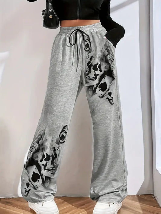 Women - Wide Trousers - Smoke Print with Drawstring - Comfortable and Stylish Everyday Wear