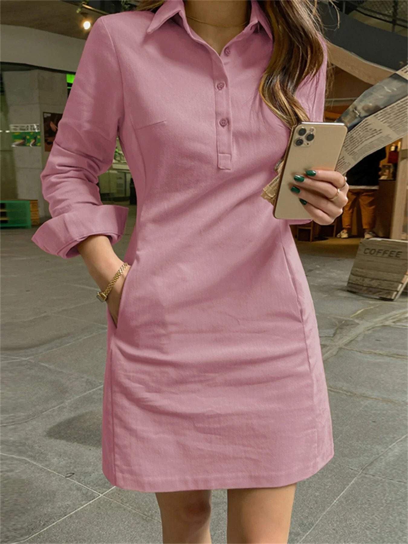 Women - Casual Dress - Comfortable Long Sleeves with Pockets - Stylish Everyday Wear