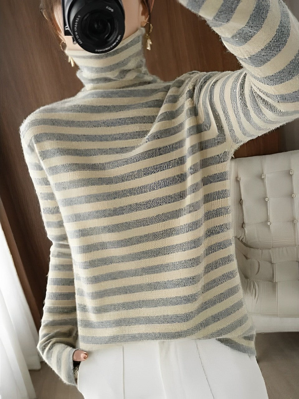 Women - Wool Jumper - Elegant Striped Design - Cozy & Stylish Knitwear