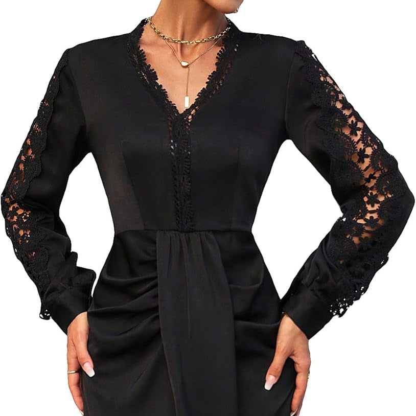 Women - Elegant Dress - Long Sleeves, Clean V-Neck - Perfect for Formal Occasions