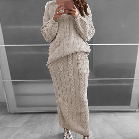 Women - Knitted Jumper and Skirt Set - Winter Warmth - Cozy Knitted Outfit