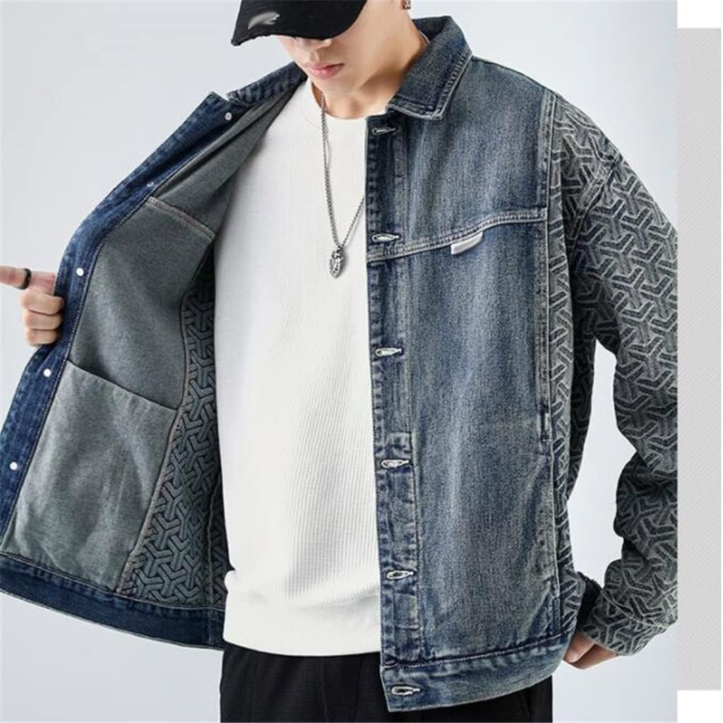 Denim jacket with patterned sleeves