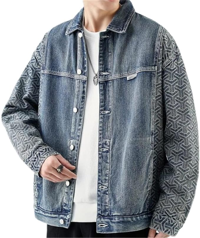 Denim jacket with patterned sleeves