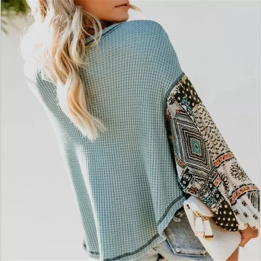 Trendy printed long sleeve round neck blouse