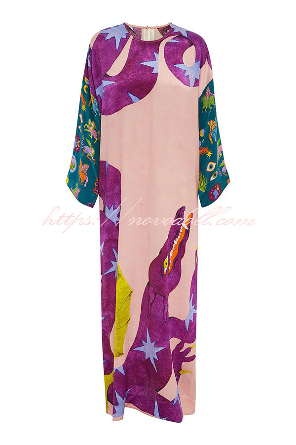 Artistic natural maxi dress - Unique print, contrast stitching, relaxed holiday dress