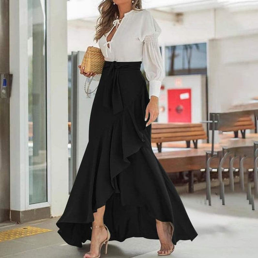 Modern Belt Lace Coat Fishtail High Waist Irregular Skirt