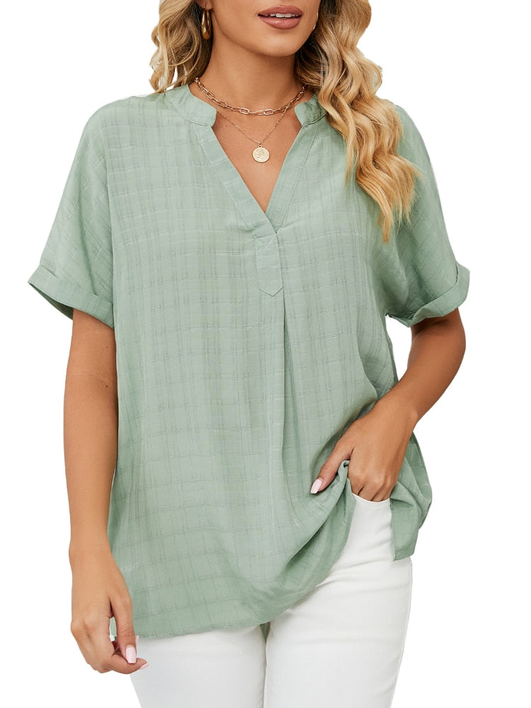 Short-sleeved chiffon shirt with V-neckline