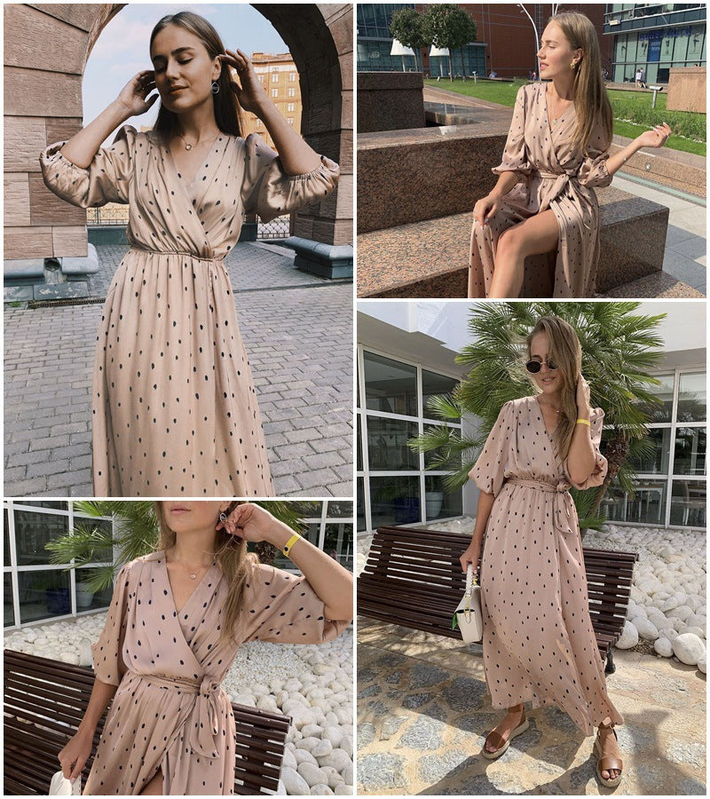 Polka dot elegant female puff sleeve v-neck dress