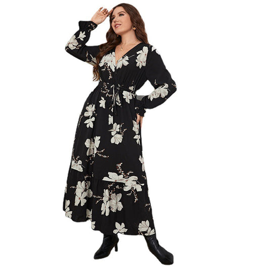 Temperament Elegant Printed V-Neck Petal Sleeve Women's Dress